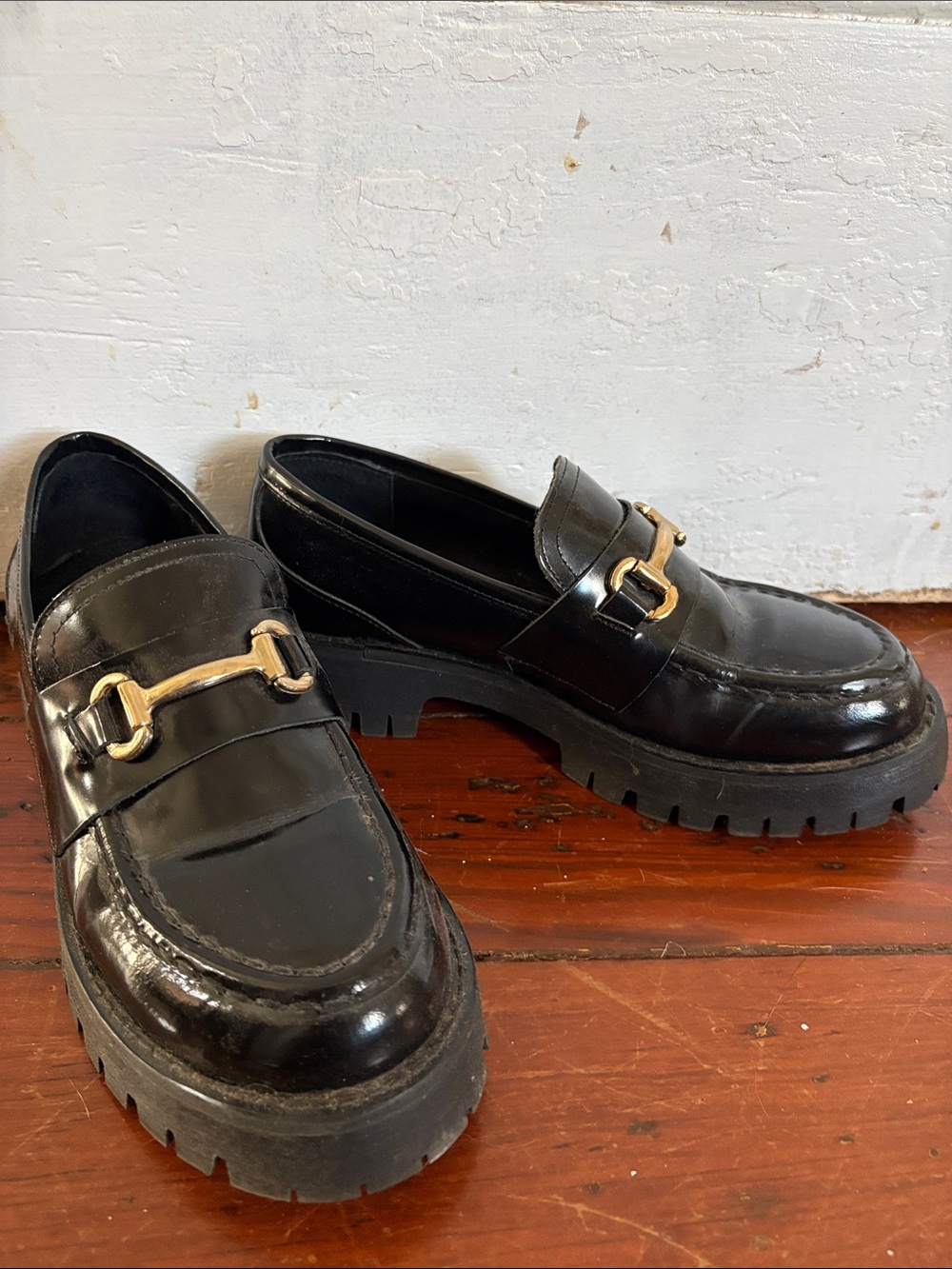 Steve Madden Black Leather Lug-Sole Loafers with Gold Bit